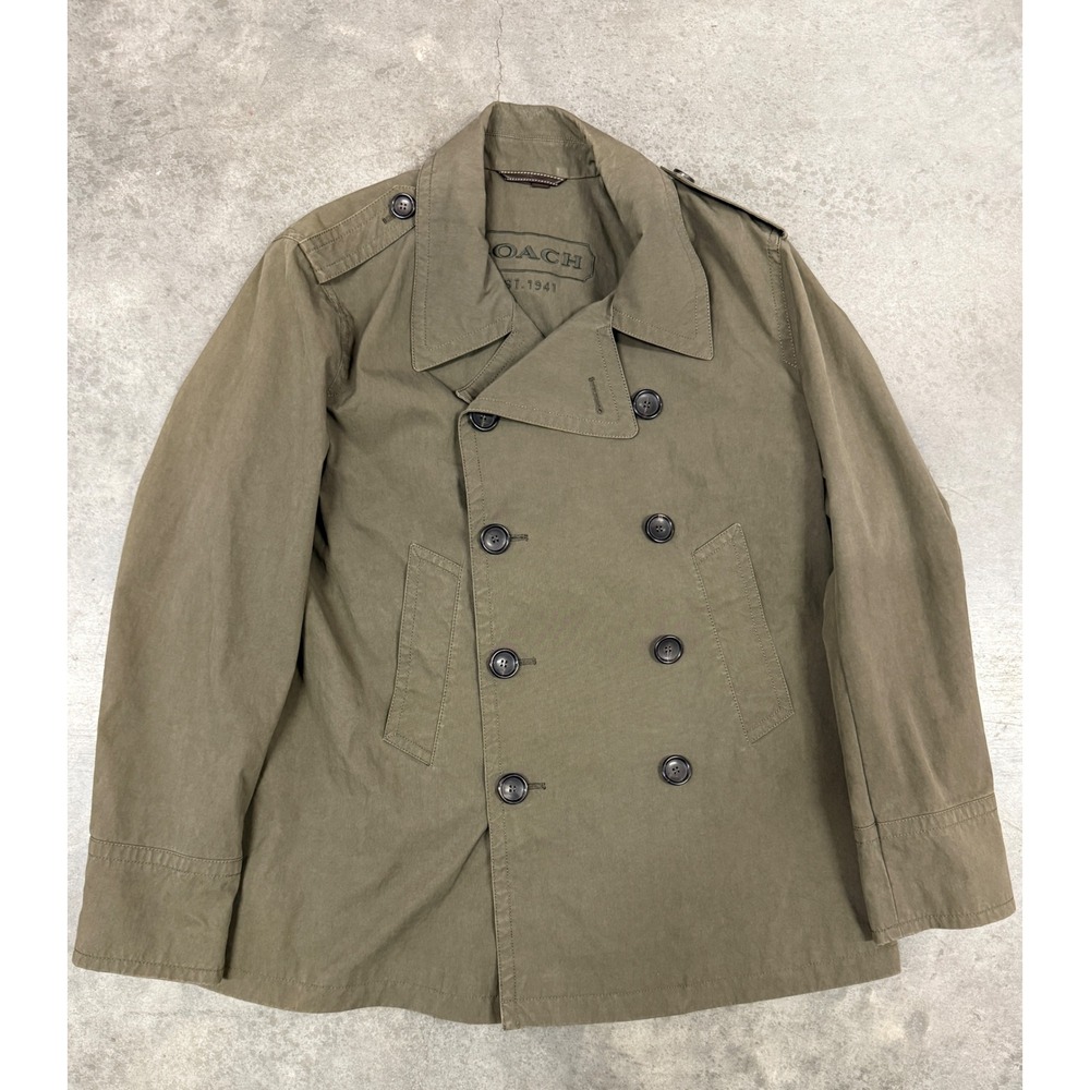 Coach Est 1941 Women L Olive Green Double Breasted Cotton Blend Pea Coat Jacket